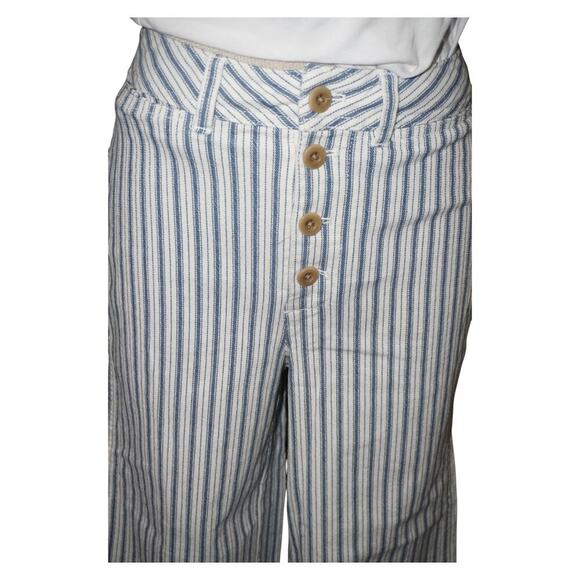 Madewell Striped Wide Leg Crop Pants Blue White Button Fly Cotton Linen Sz 26 - Picture 3 of 10